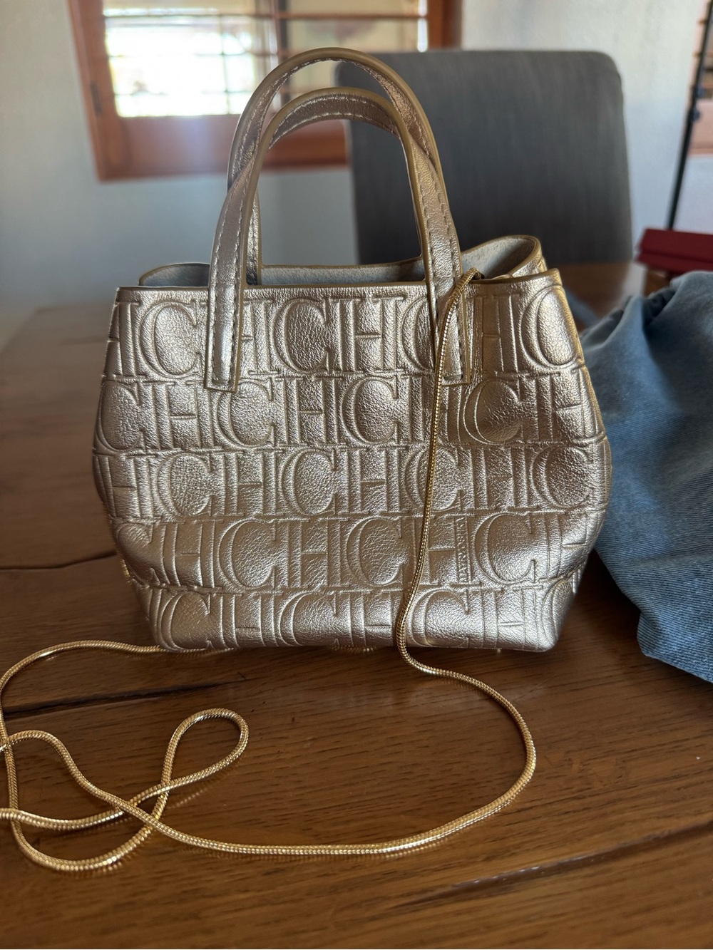Carolina Herrera Metallic Gold CH Embossed Leather Tote with Chain Strap